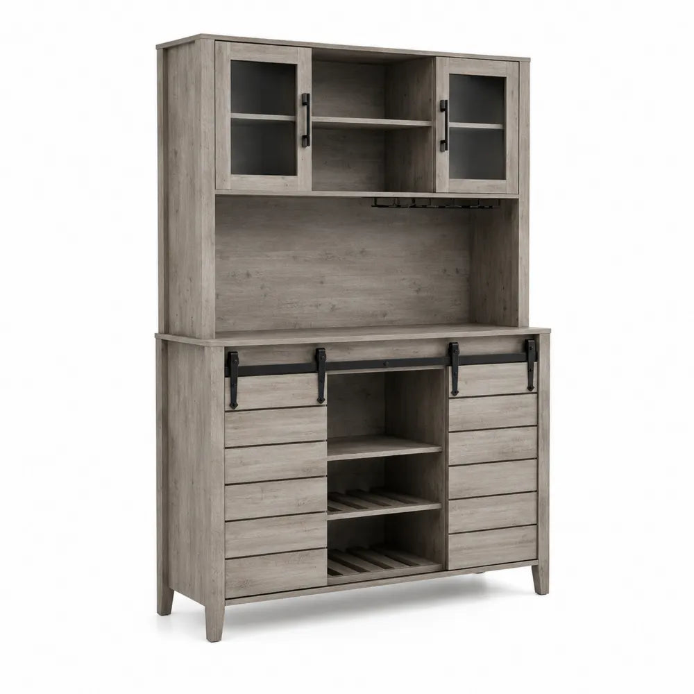 Aparador de madera gris con puertas correderas y estantes de vidrio